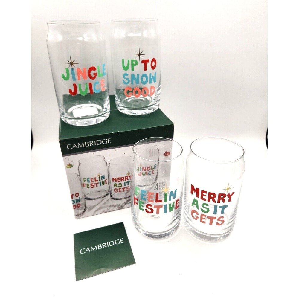 Cambridge Christmas Cocktail Holiday Jingle Juice Glass Set 16 oz New In Box